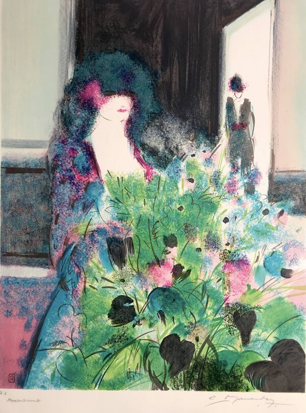 Claude manoukian femme au bouquet, 1980. lithographie signée au crayon