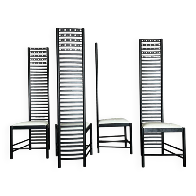Ensemble de 4 chaises de salle à manger en acier postmodernes – Design sculptural à dossier haut, vers 1980.