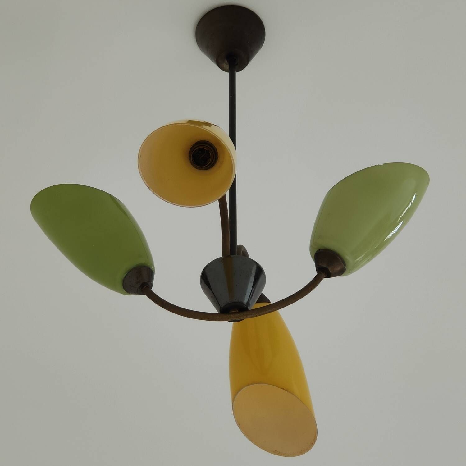 Brass and glass chandelier 4 yellow and green lights from the 60s