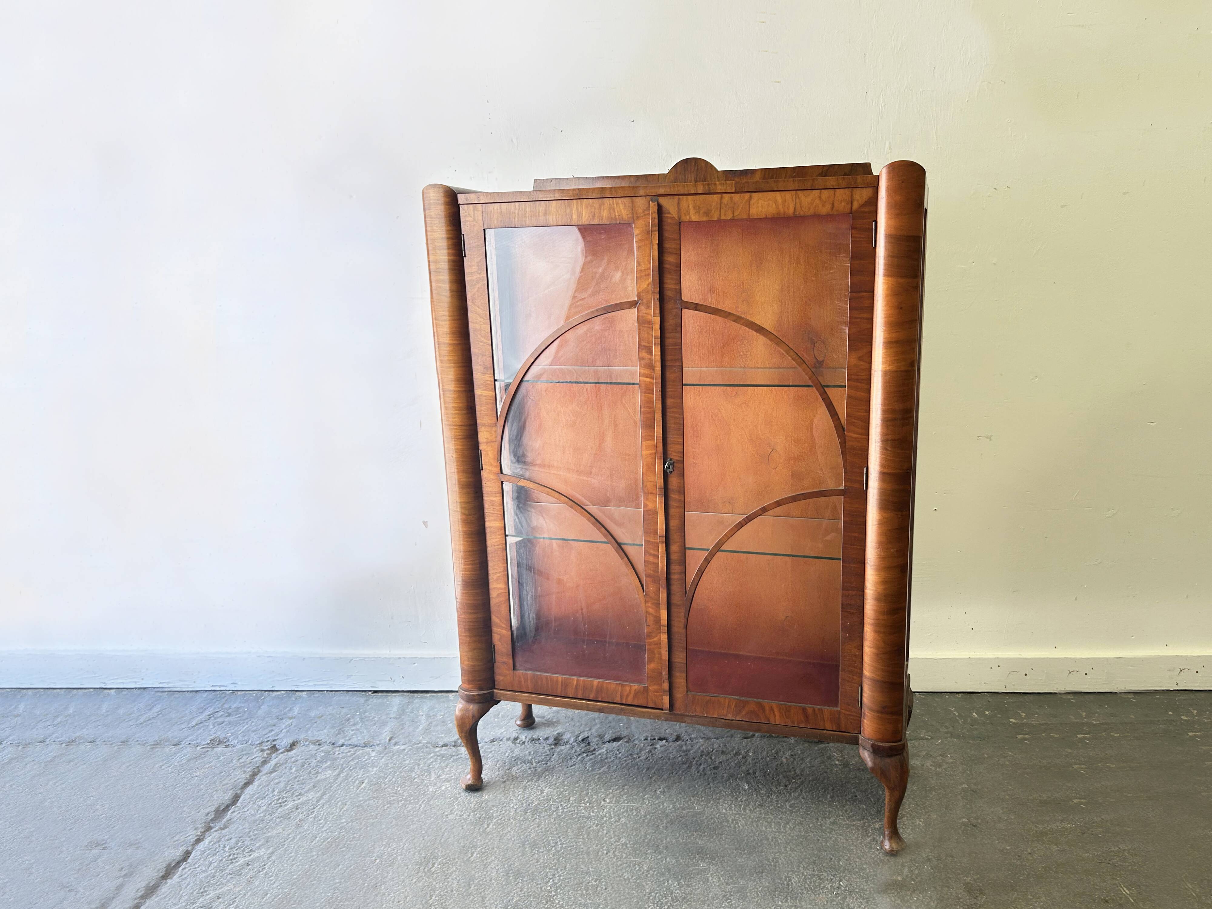Original Art Deco Figured Walnut Display Cabinet Cabriole Legs 1930s