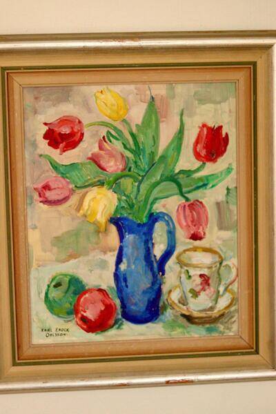 Original mid-century Swedish oil on panel – “Tea” by Karl Enoch Ohlsson – vintage & framed – 56 × 64 cm