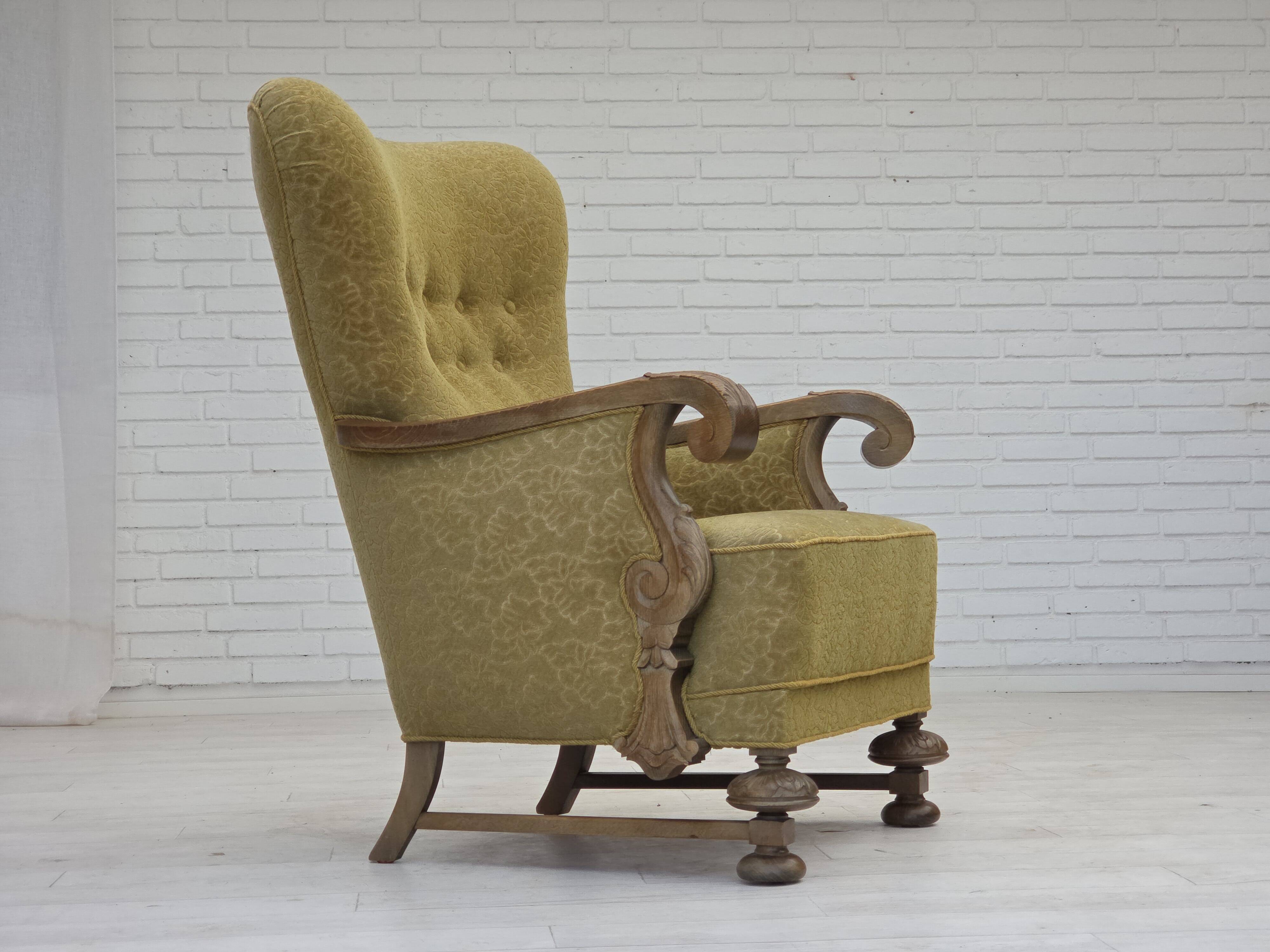 1960s, Danish highback armchair, furniture cotton/wool fabric, oak wood.