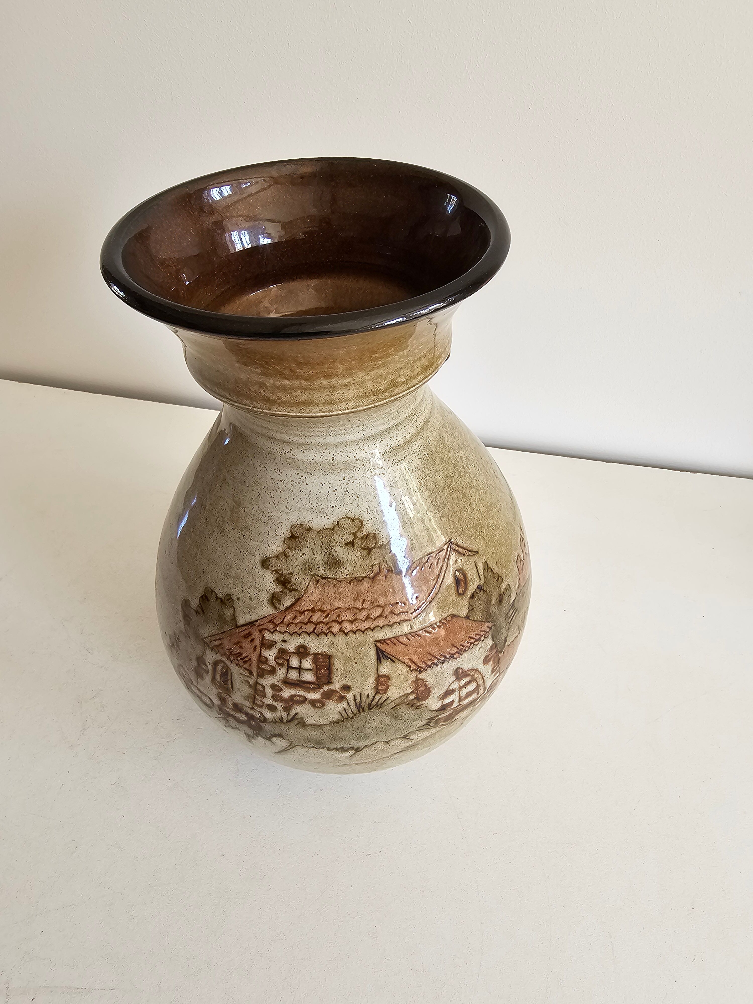 Ceramic vase with Village pattern signed by Jean Paulet - vintage