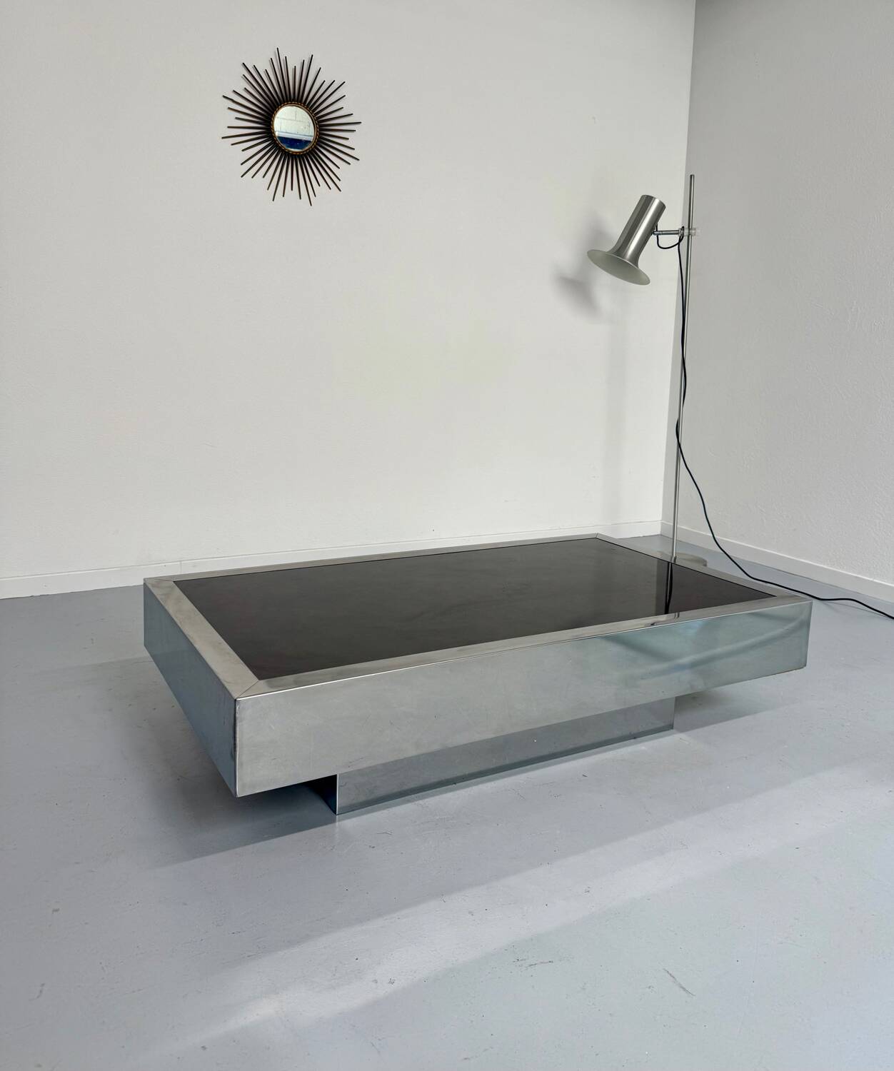 Italian coffee table in chromed metal and vintage brown glass top 70s