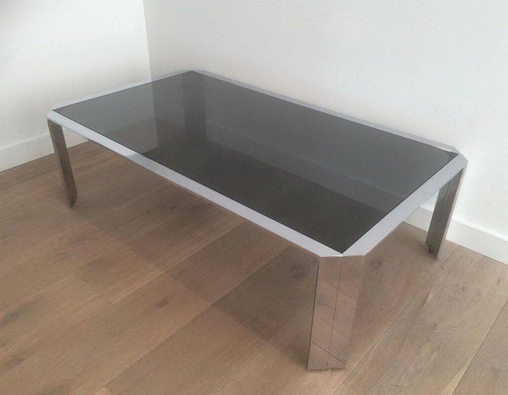Beautiful octagonal chrome coffee table with black glass top