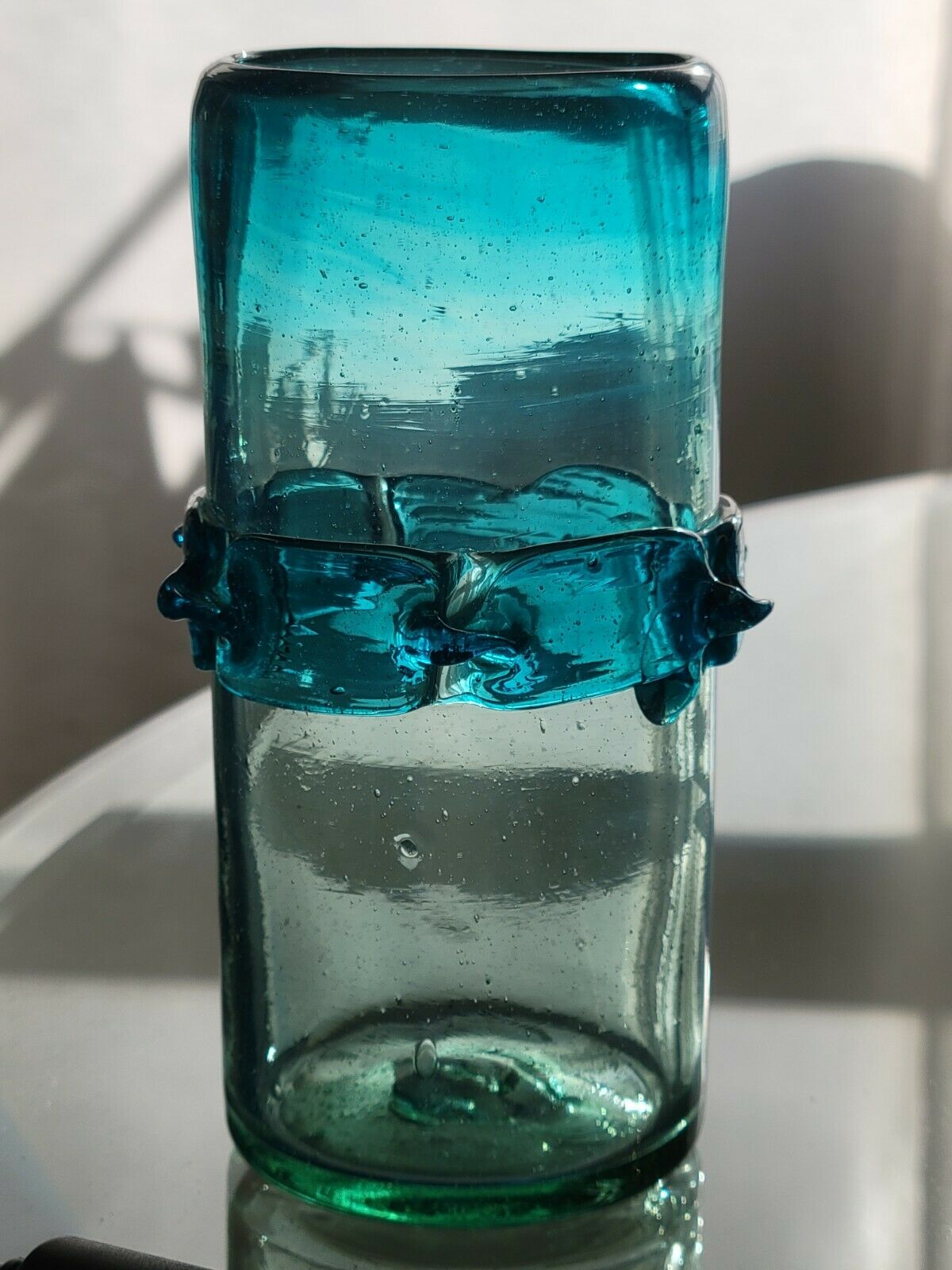 6 orangeade glasses in bubbled blown glass color duck blue