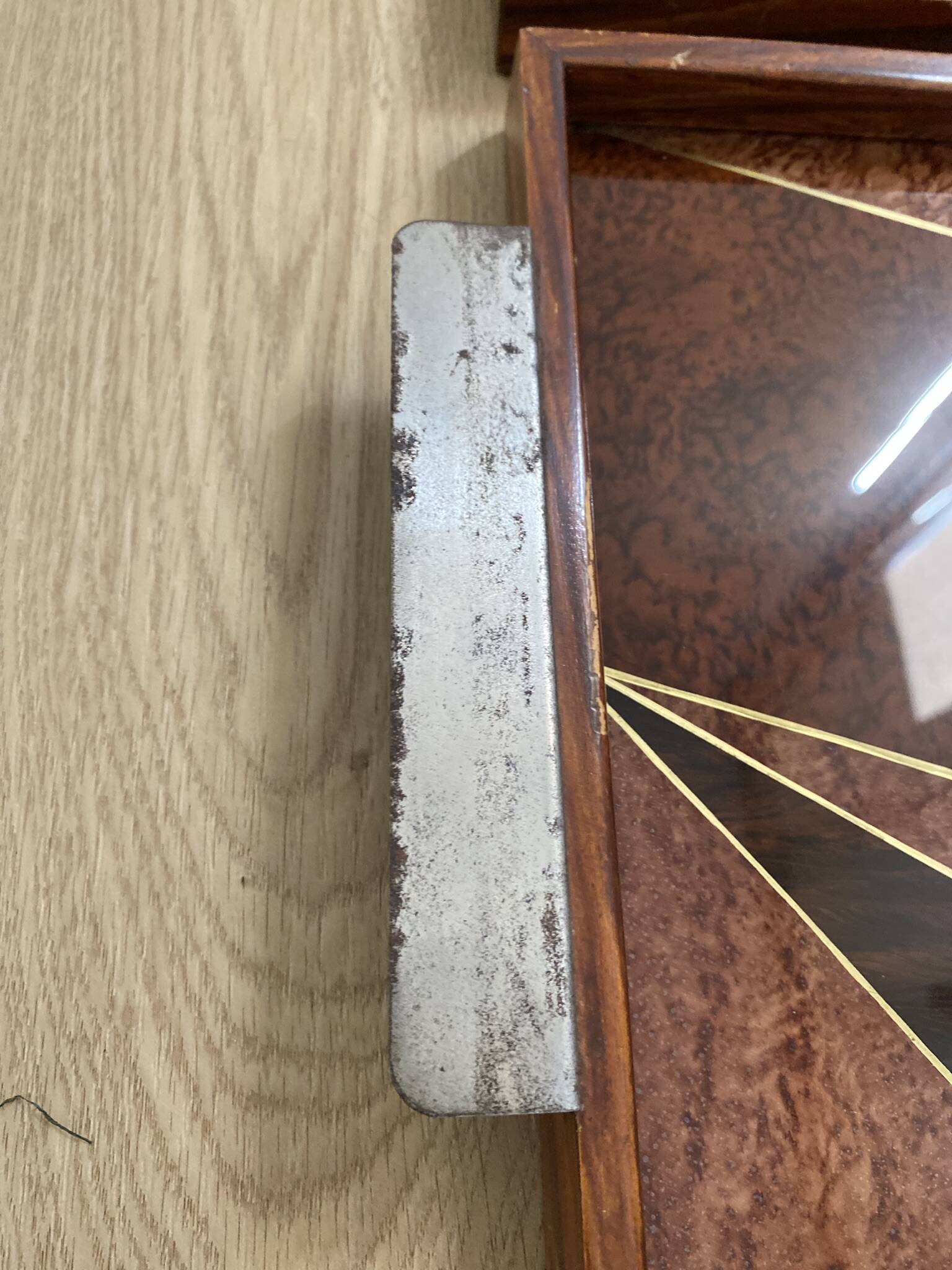 Duo of vintage wooden trays marked art deco