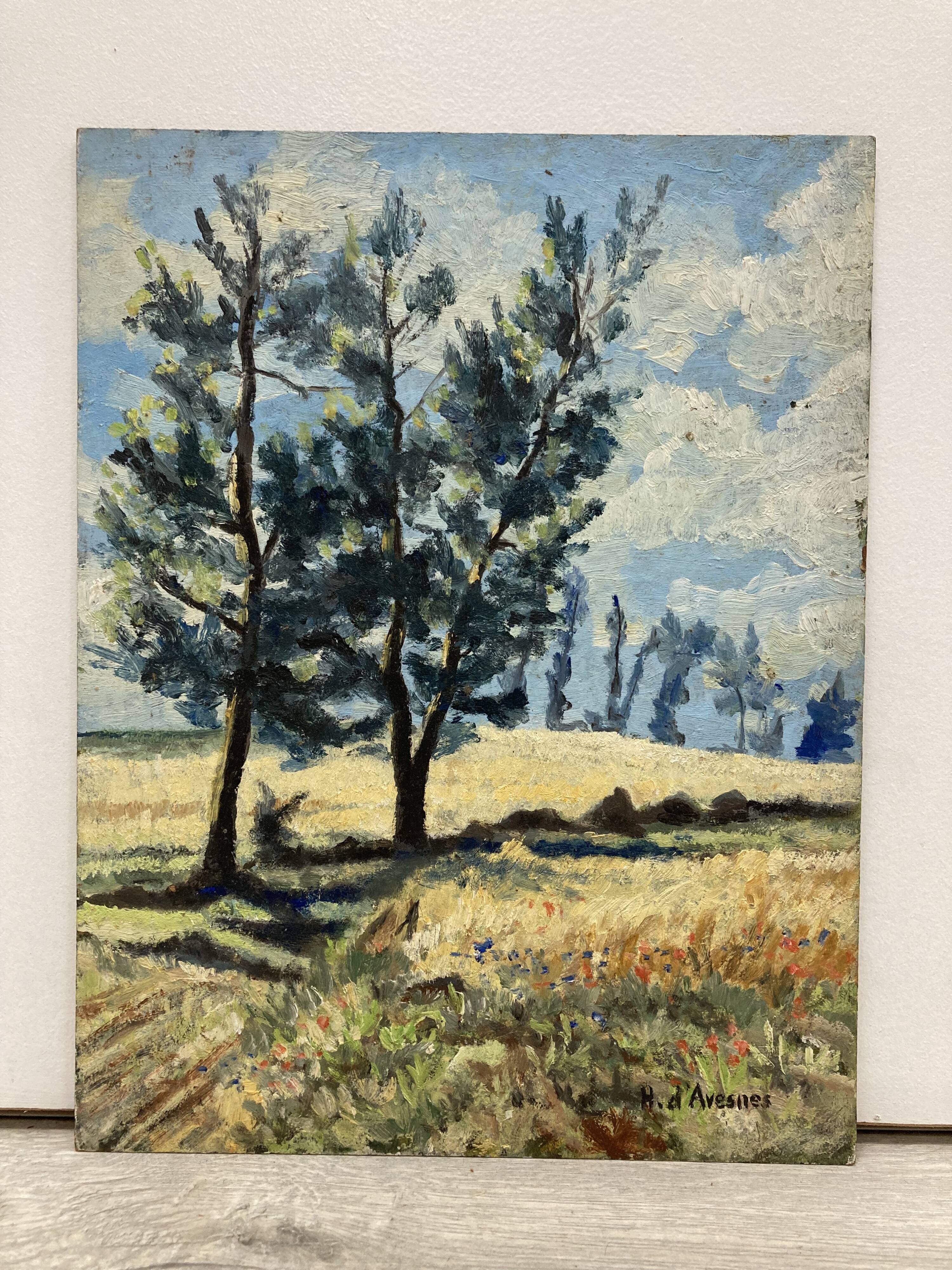 Landscape with poppies, oil on panel, Henry d'Avesnes (1907-1999)