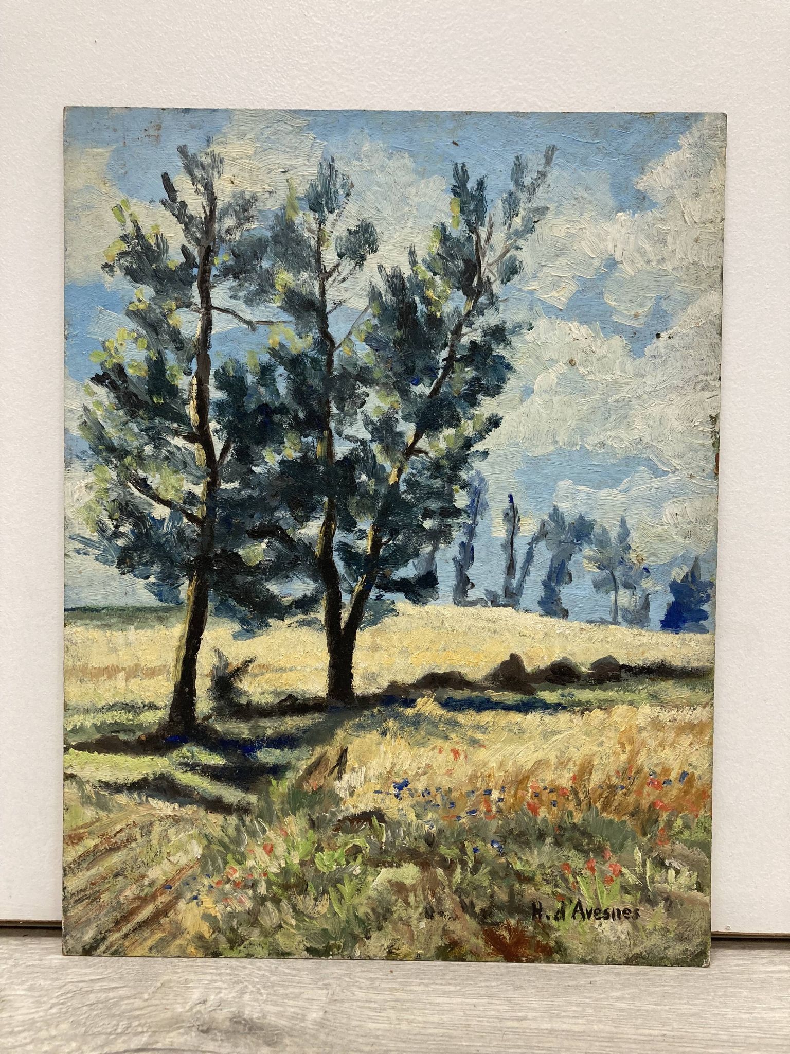 Landscape with poppies, oil on panel, Henry d'Avesnes (1907-1999)