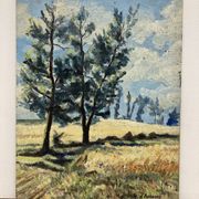 Landscape with poppies, oil on panel, Henry d'Avesnes (1907-1999)