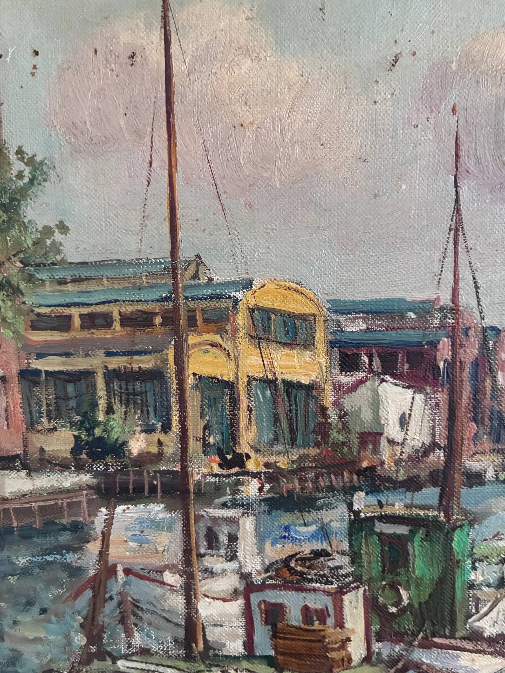 Vintage original Scandinavian harbor oil painting