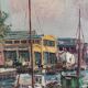 Vintage original Scandinavian harbor oil painting