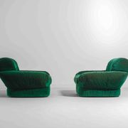 Pair of plump lounge fauteuils in green velvet, Italy 1970s