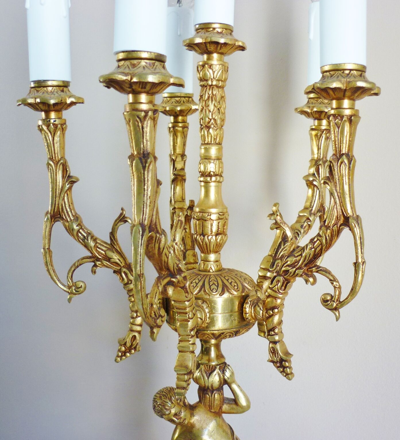Candelabra, 6-pointed candlestick, marble, bronze, putti decoration, putto