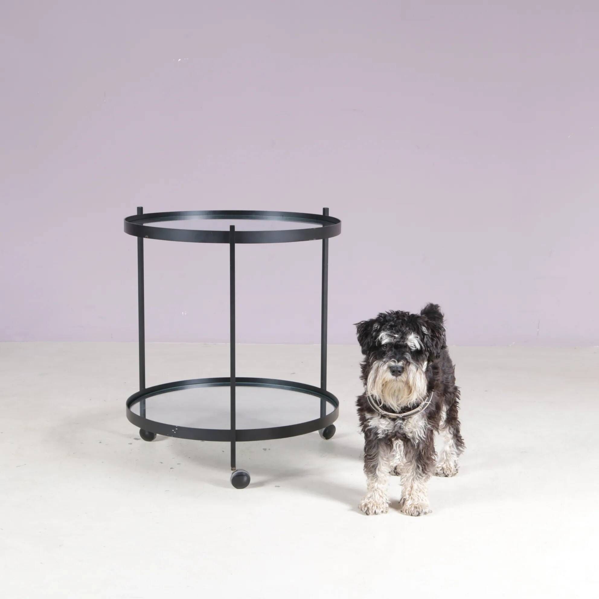 1960s round trolley black metal with two glass tops Janni van Pelt Netherlands