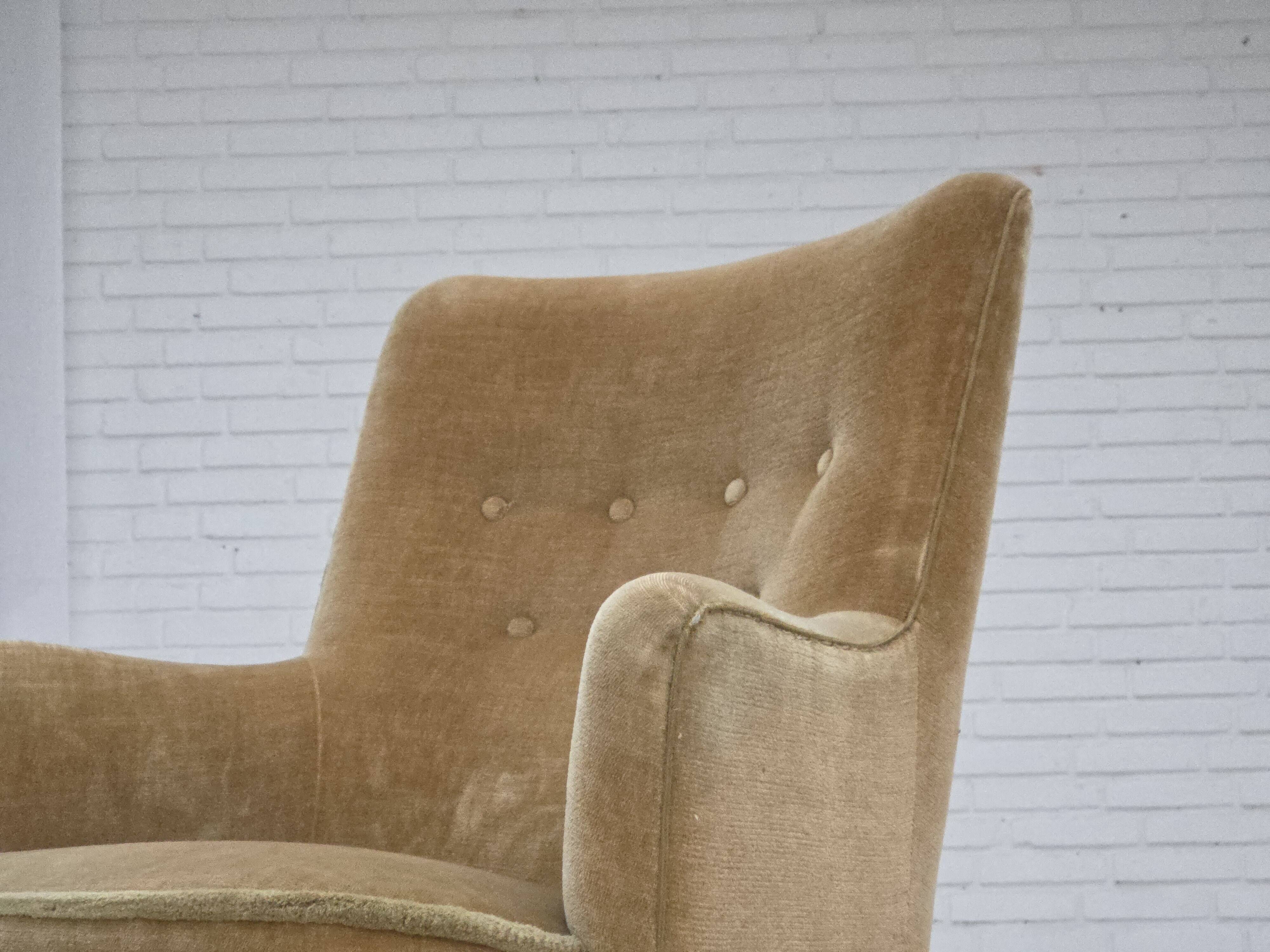 1970s, Danish armchair., original light green furniture velour.