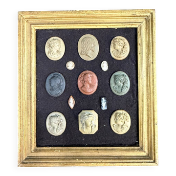 Collection of cameos and intaglios, shells and lava stones, around 1900.