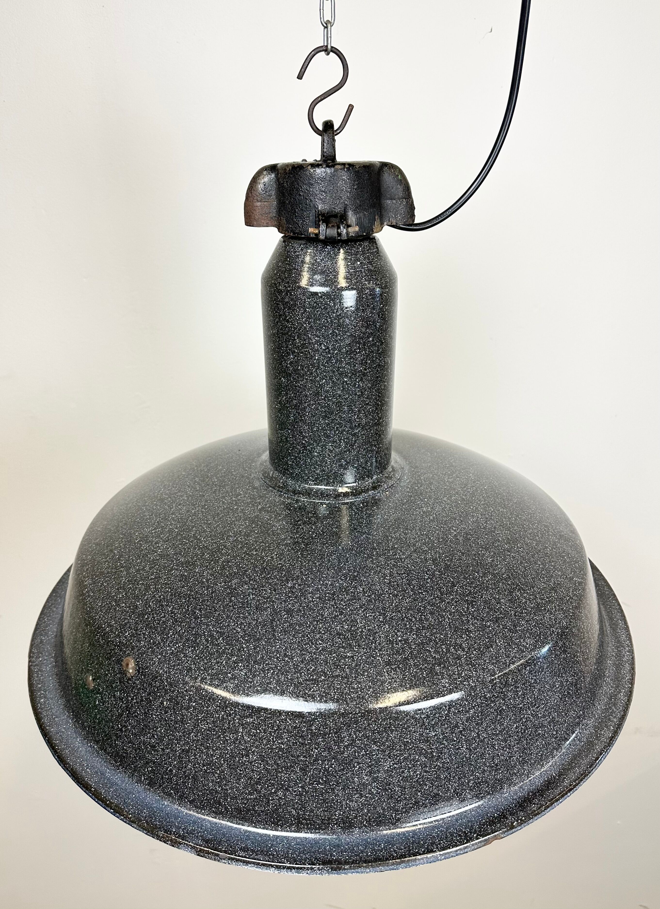Large Industrial Grey Enamel Factory Lamp with Cast Iron Top, 1960s