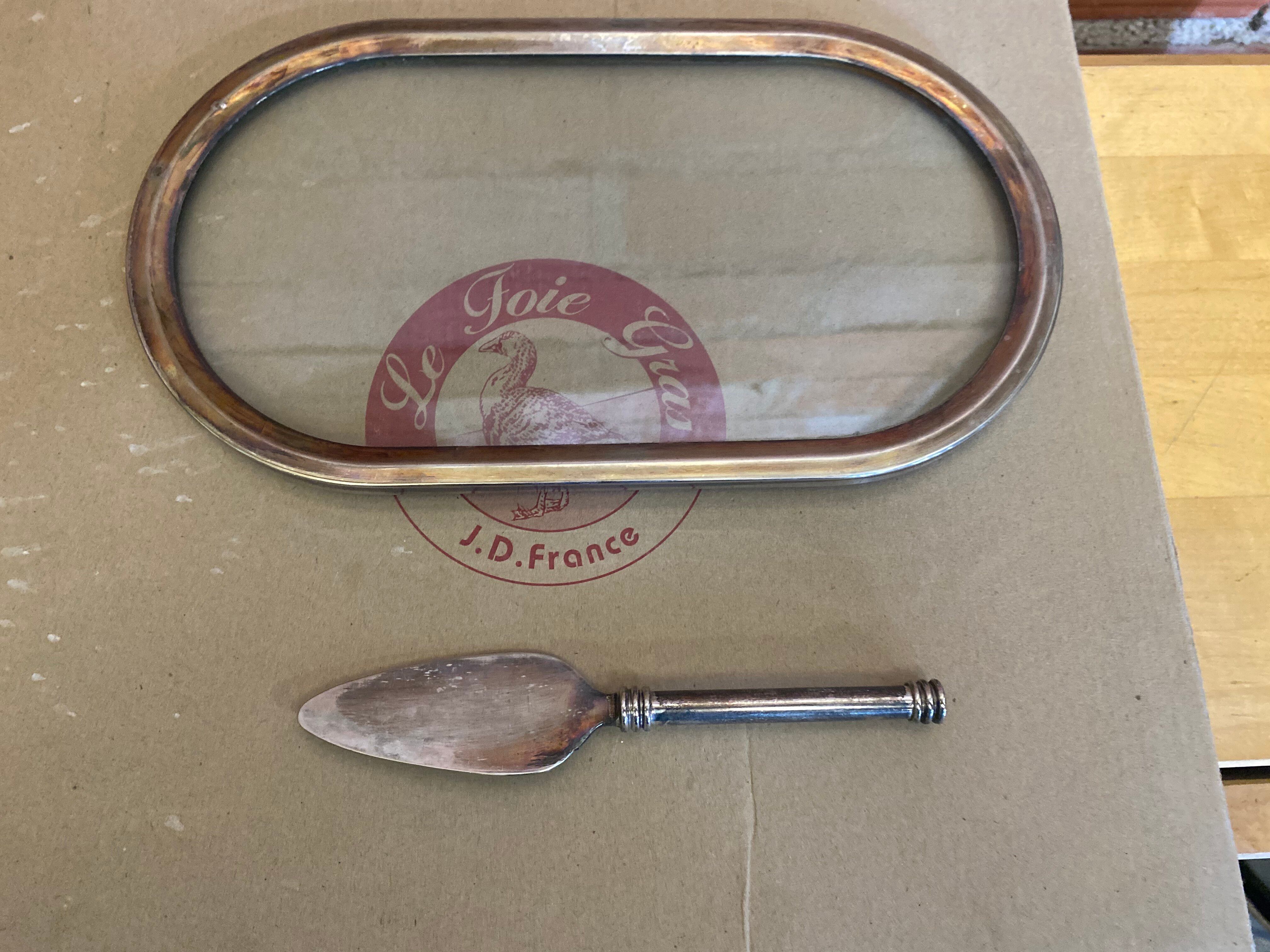 Foie gras service jd france platter + silver metal spatula + vintage glass