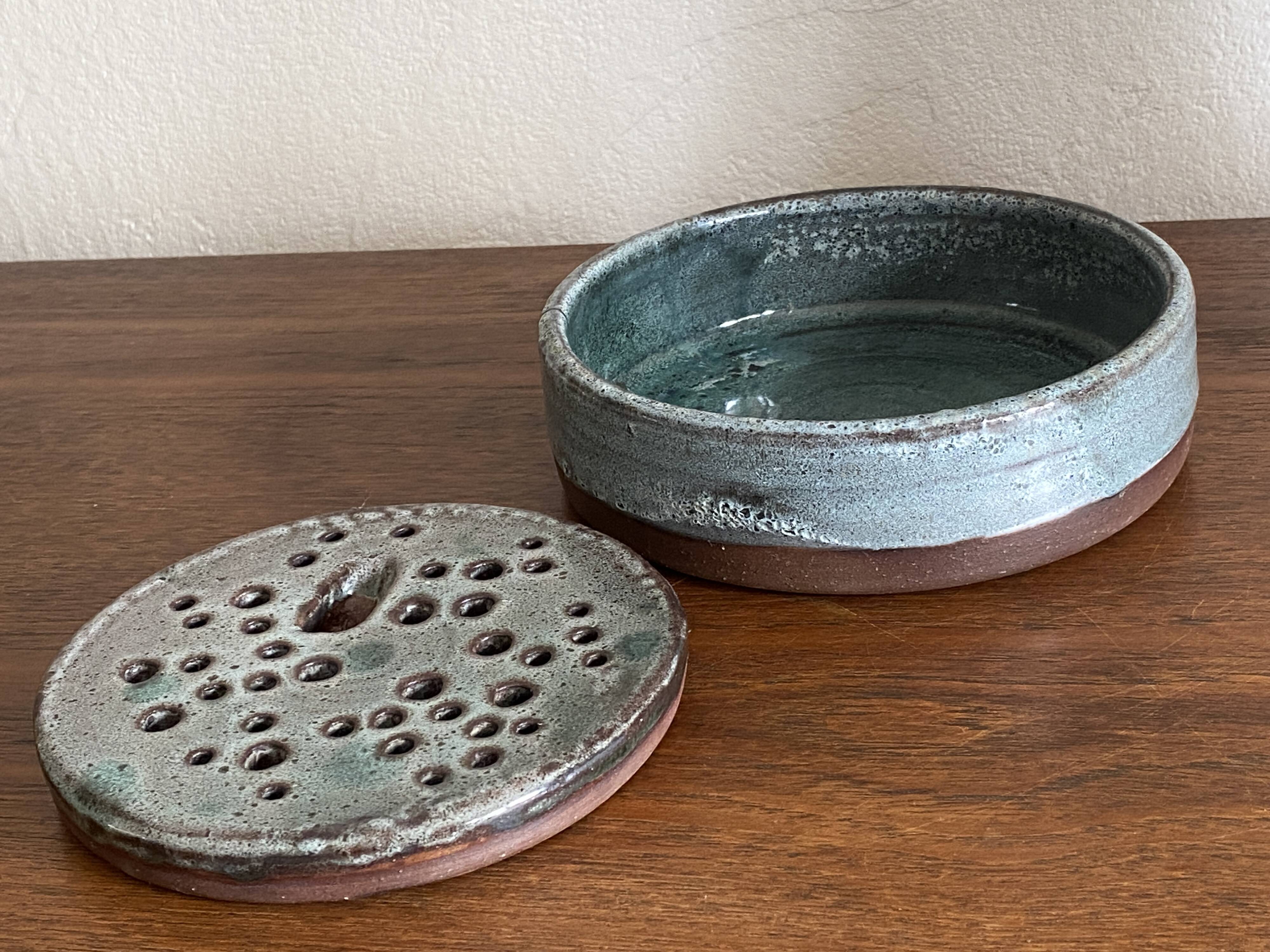 Vintage celadon blue glazed stoneware flower vase signed Pierlot at Ratilly