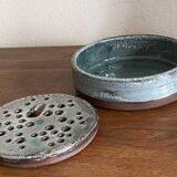 Vintage celadon blue glazed stoneware flower vase signed Pierlot at Ratilly