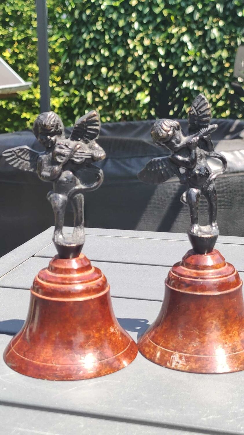 Pair of table bells musician angels in copper metal and bronze