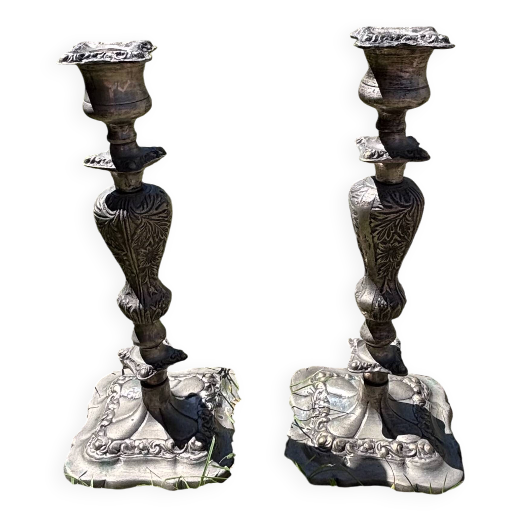Pair of patinated metal baroque candlesticks – Louis XV style