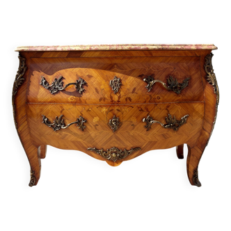 Louis XV style commode, inlaid with rosewood, with a marble top.