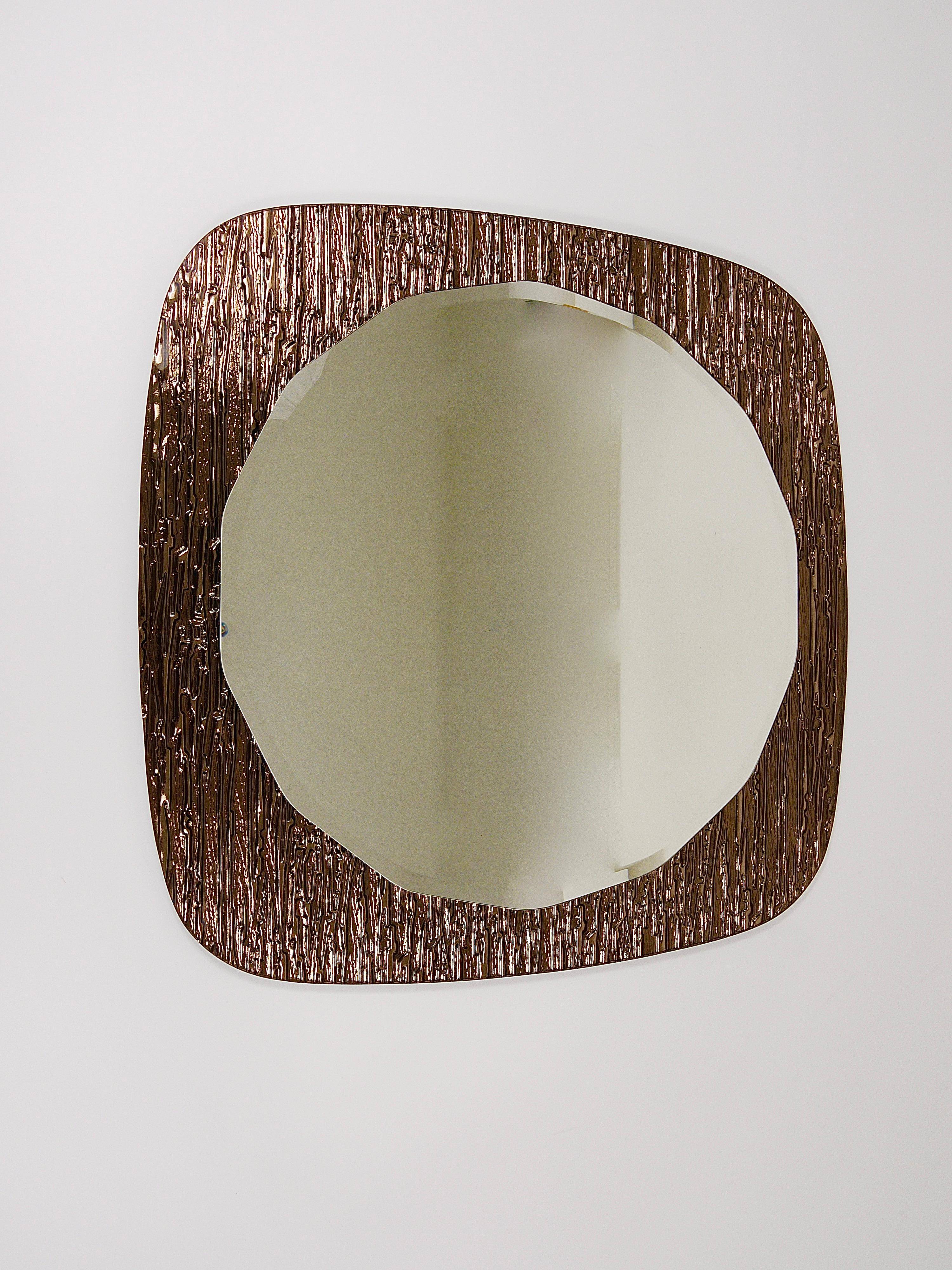 Crystal Art Sculpted Textured Wall Mirror Gold Bronze Mid-Century, Italy, 1960s