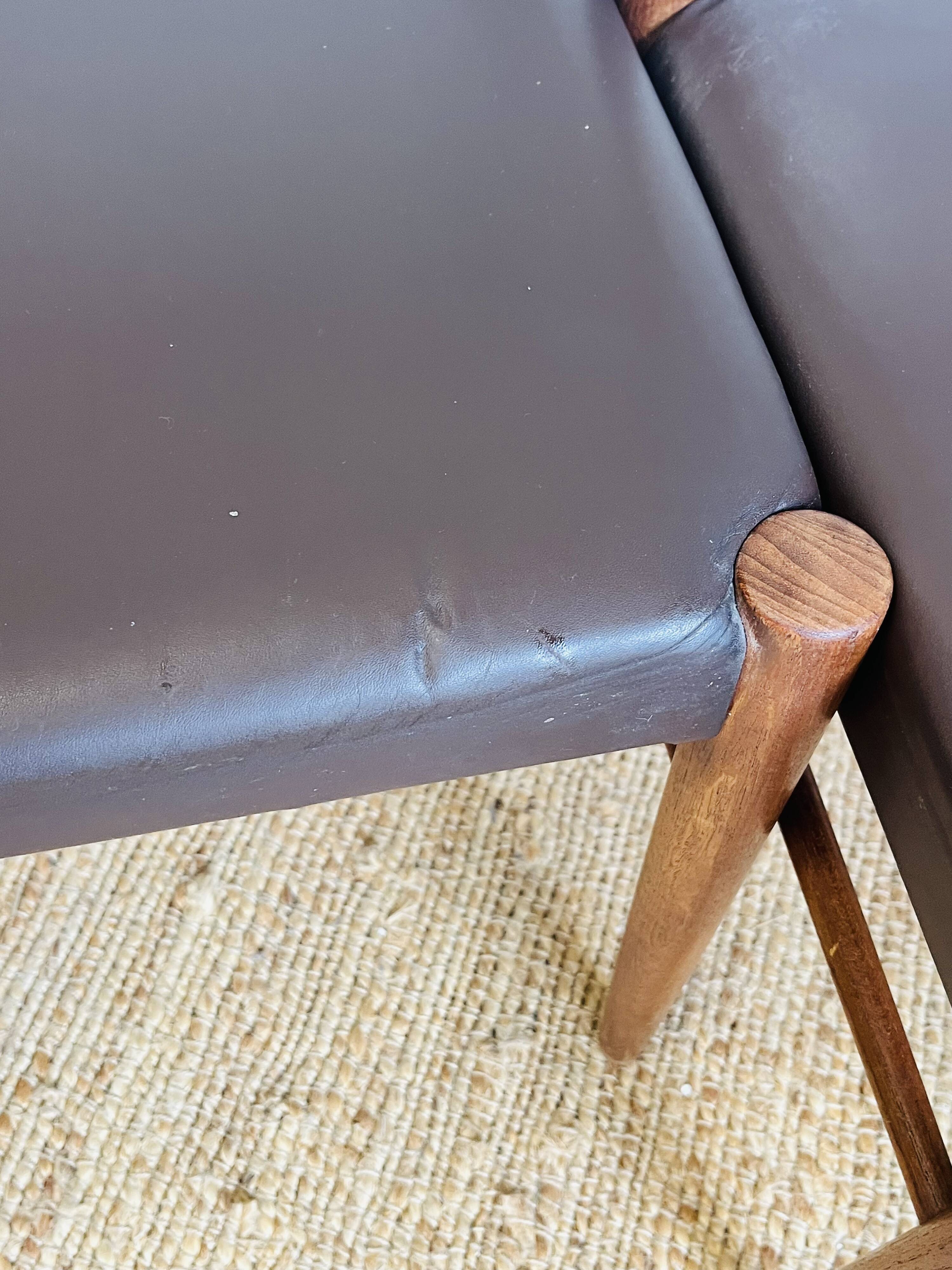 3 vintage Scandinavian chairs in teak and brown leatherette