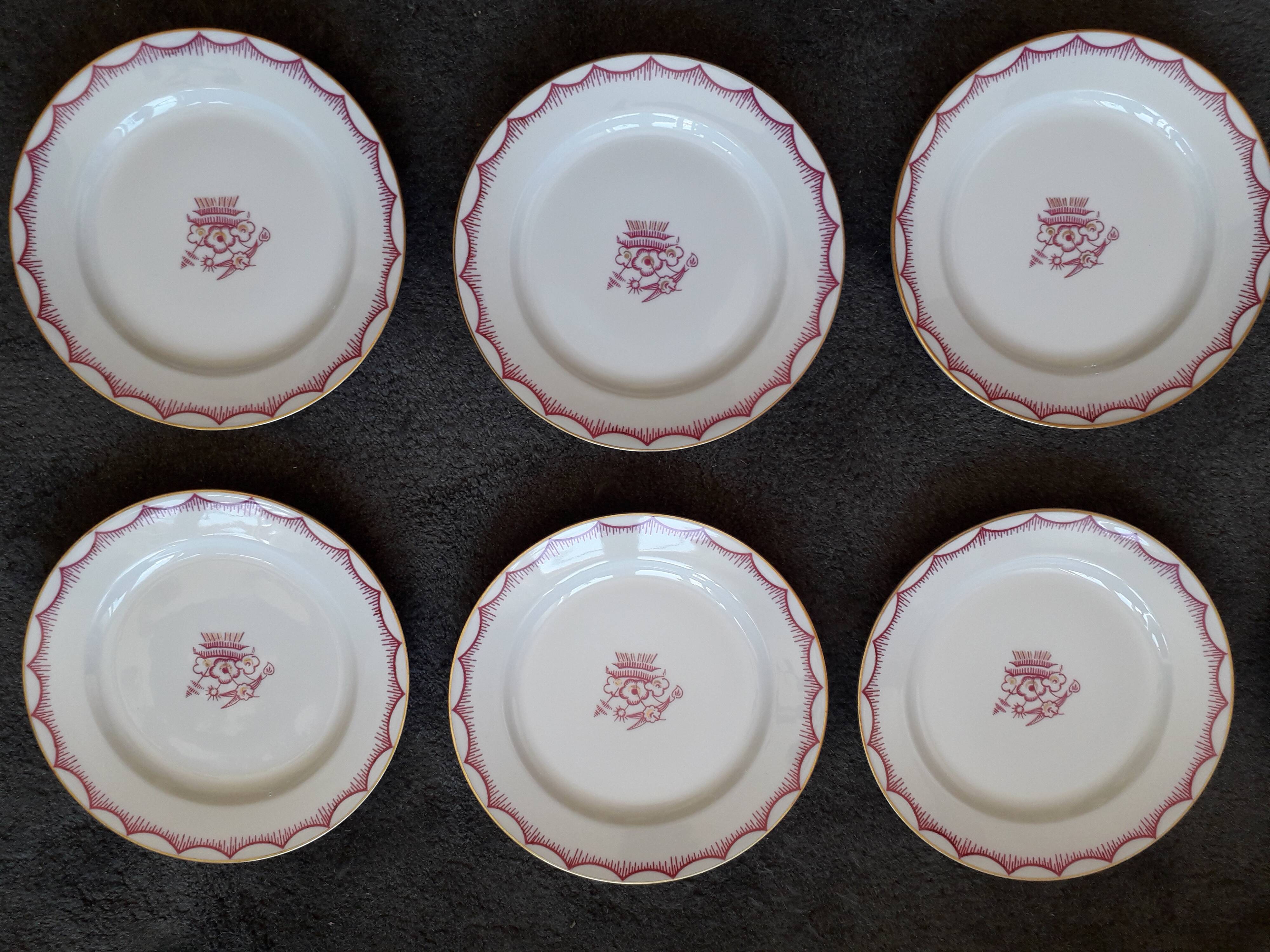 1 set of 6 art-deco dessert plates in Limoges porcelain