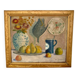 Still life with fruits, flowers and pheasant signed 20th century