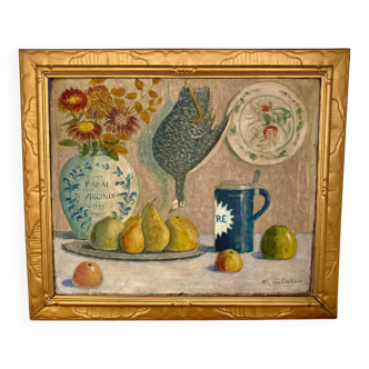 Still life with fruits, flowers and pheasant signed 20th century