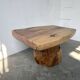 Organic brutalist coffee table in solid cedar, trunk pedestal, 1970s.