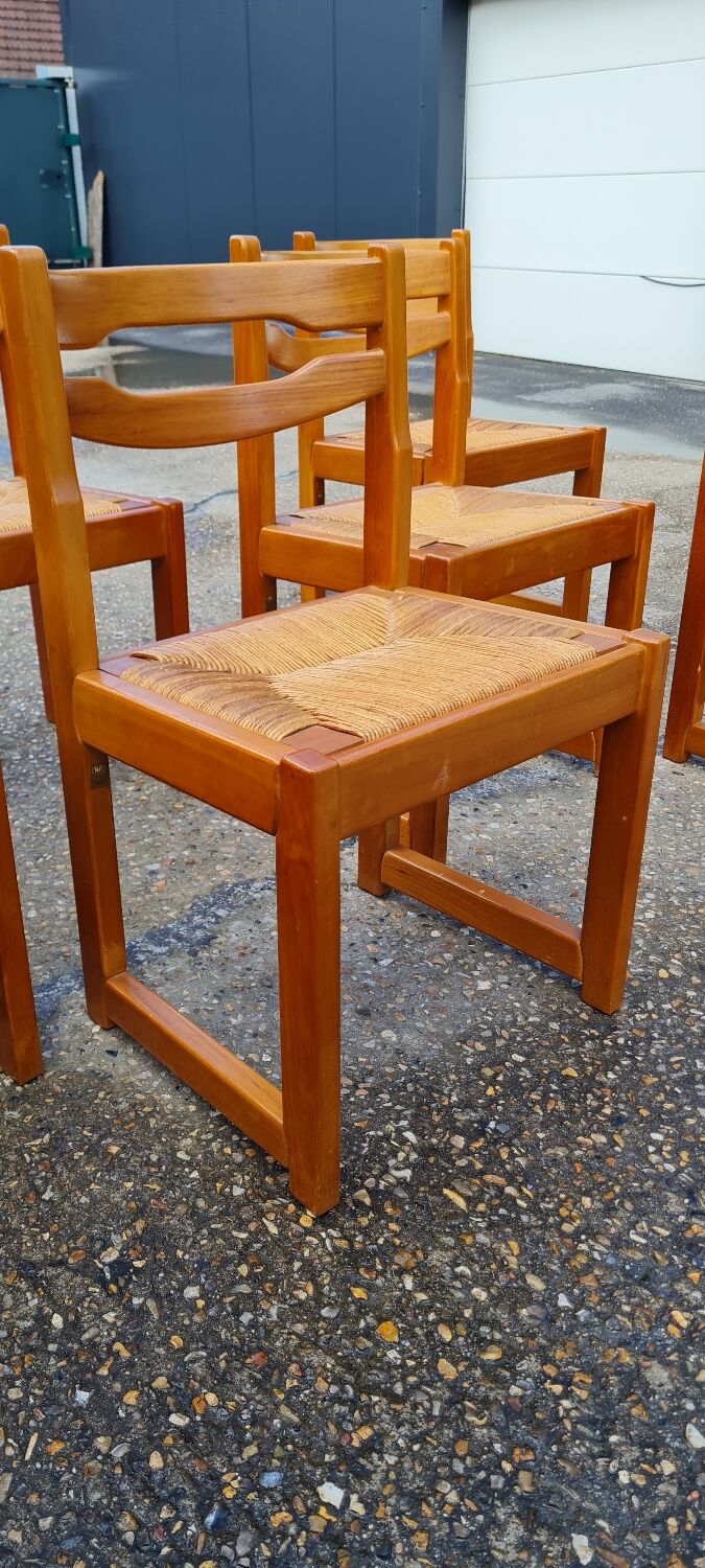 Set of 8 chairs in elm and straw by Maison Regain