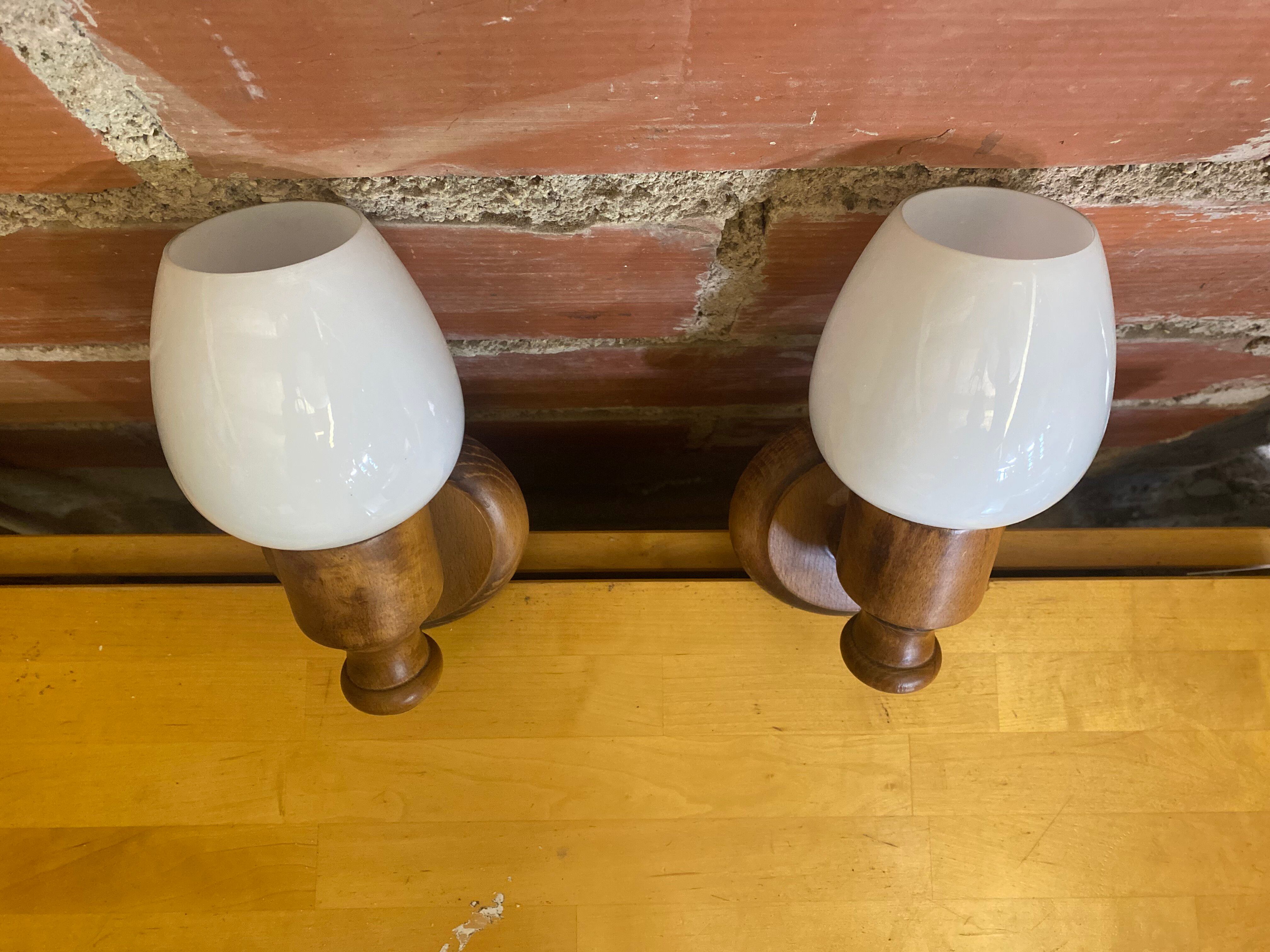Vintage 1970s Pair of Wall Lights Beech + White Opaline Glass