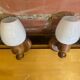 Vintage 1970s Pair of Wall Lights Beech + White Opaline Glass
