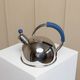 Polished argent metal kettle with blue accents – Italian 1980s design, retro stainless