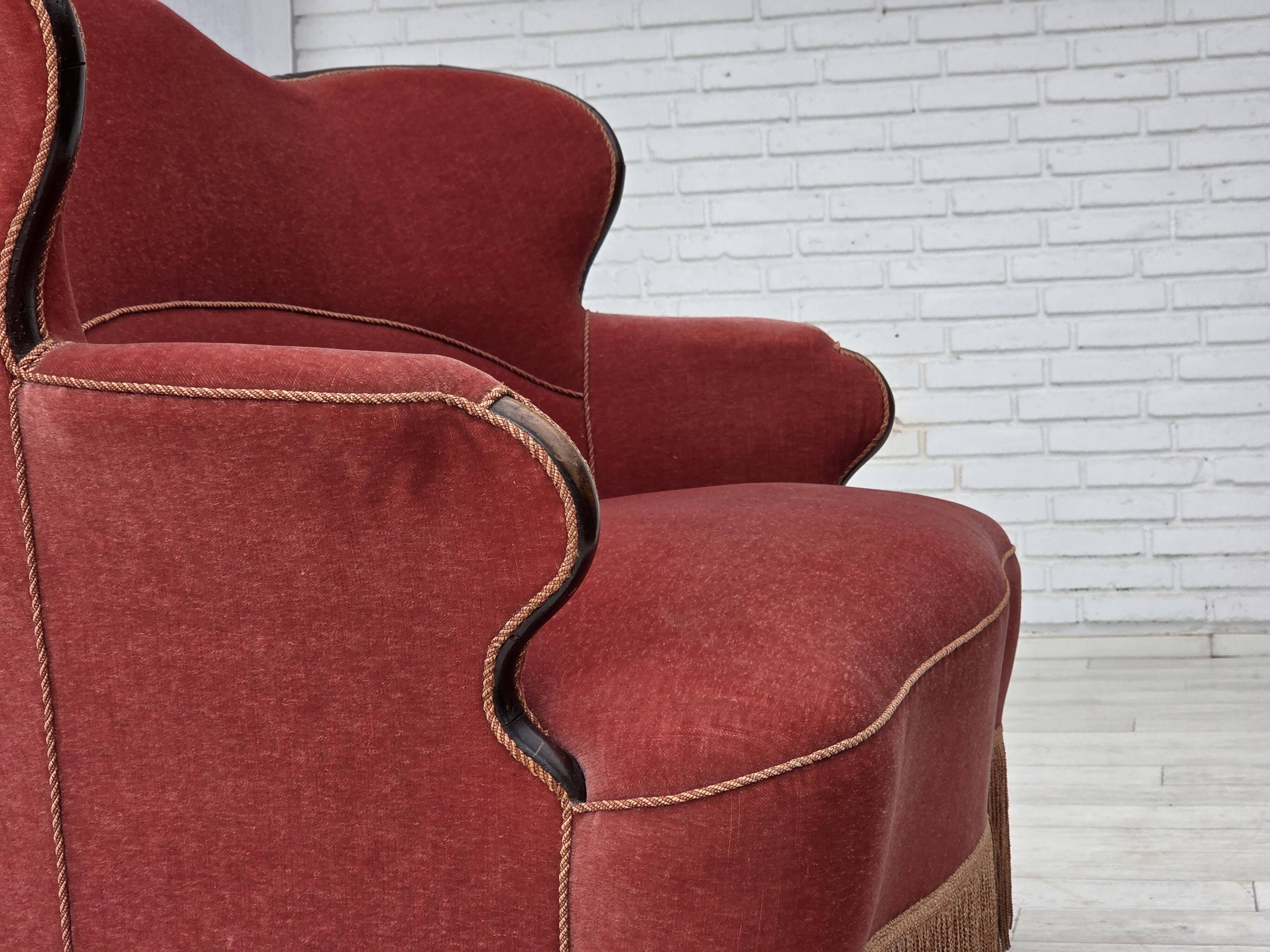 1950s, Danish 2-seater sofa, salmon pink furniture velour, ash wood.