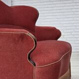 Canapé danois 2 places des années 1950, velours d'ameublement rose saumon, bois de frêne.