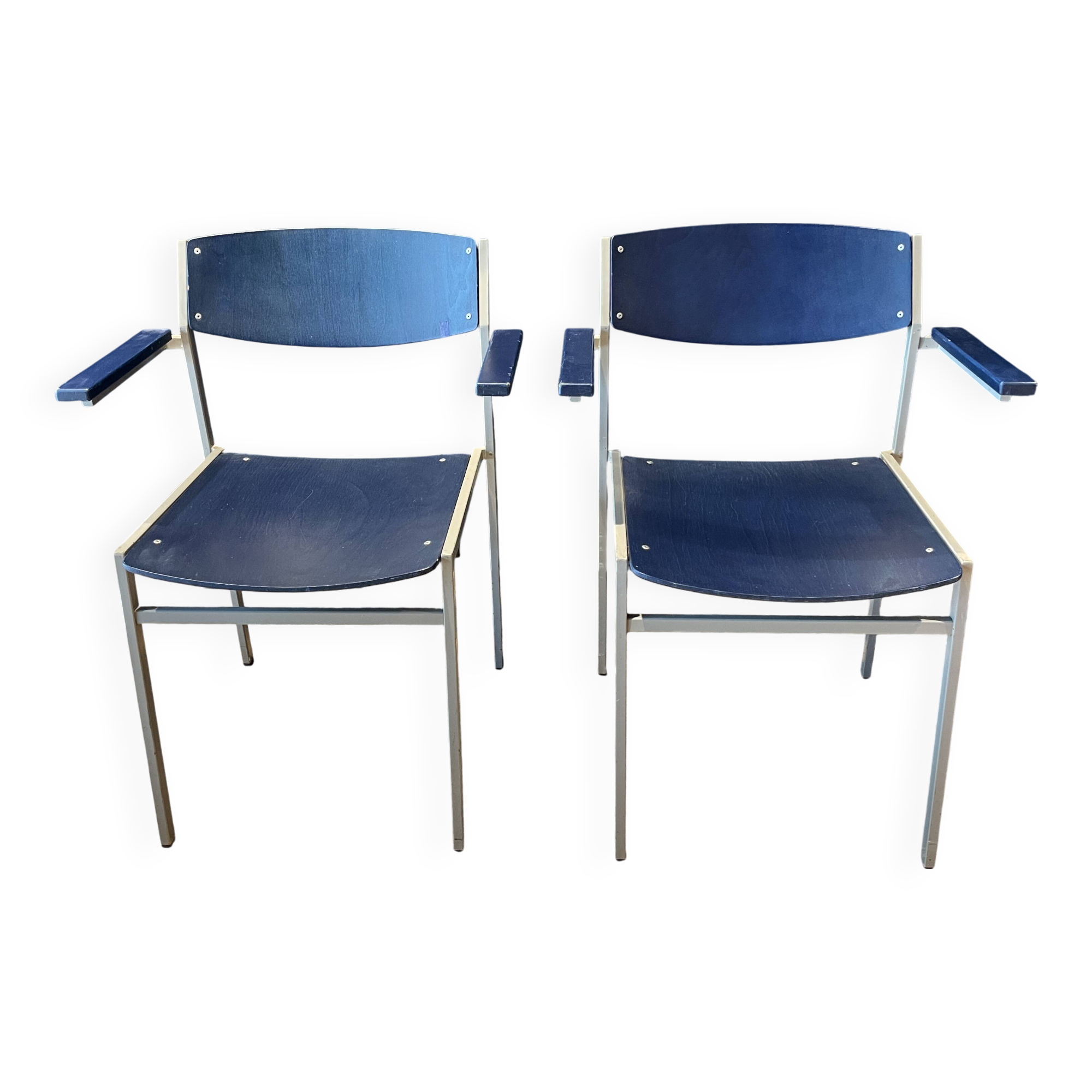 Pair of Gijs Van Der Sluis chairs with armrests in blue with grey steel legs