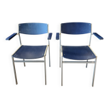 Pair of Gijs Van Der Sluis chairs with armrests in blue with grey steel legs