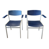 Pair of Gijs Van Der Sluis chairs with armrests in blue with grey steel legs