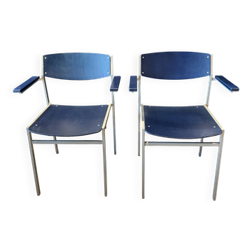 Pair of Gijs Van Der Sluis chairs with armrests in blue with grey steel legs
