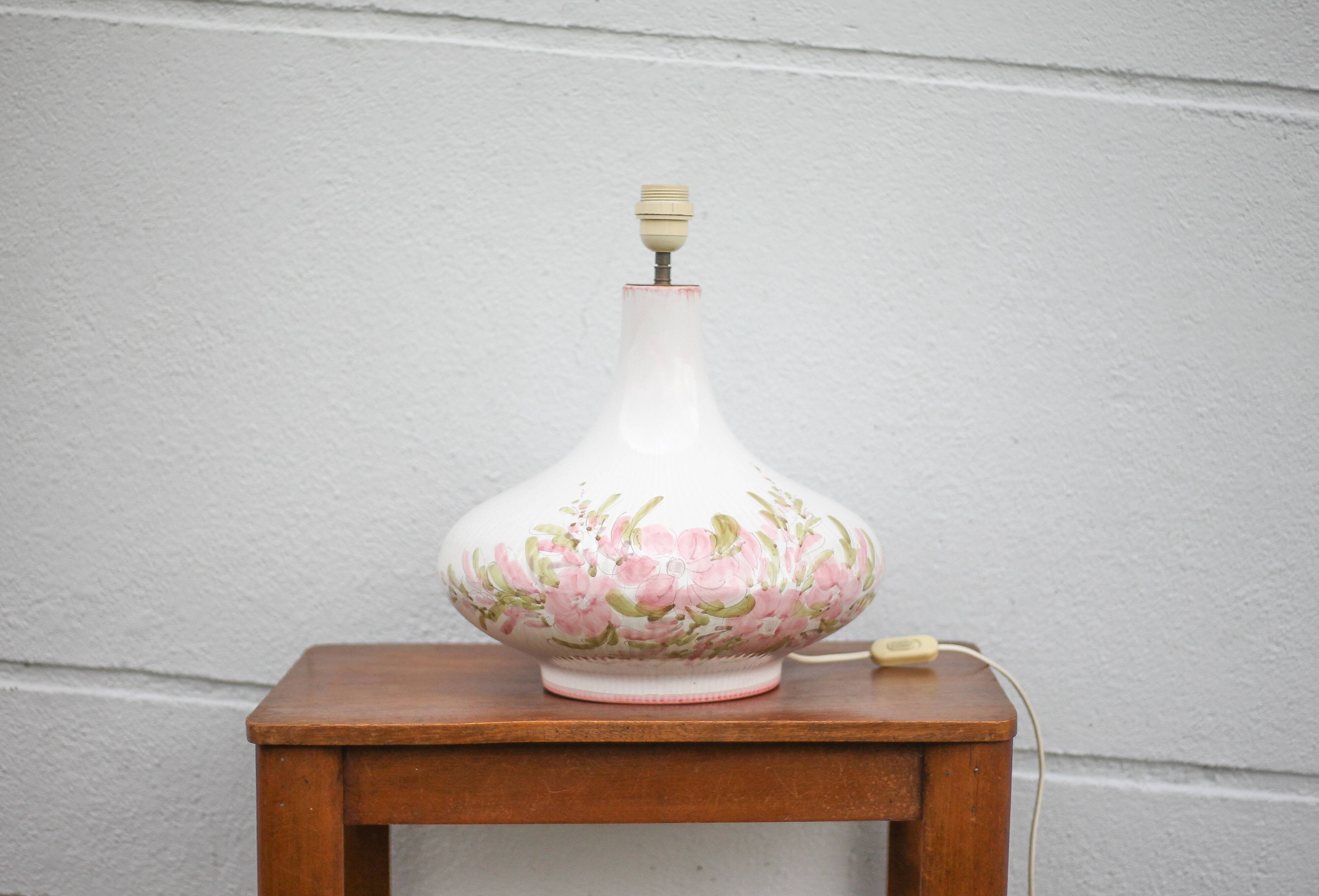 Large glazed terracotta lamp with flower decoration, ceramic signed Maithé