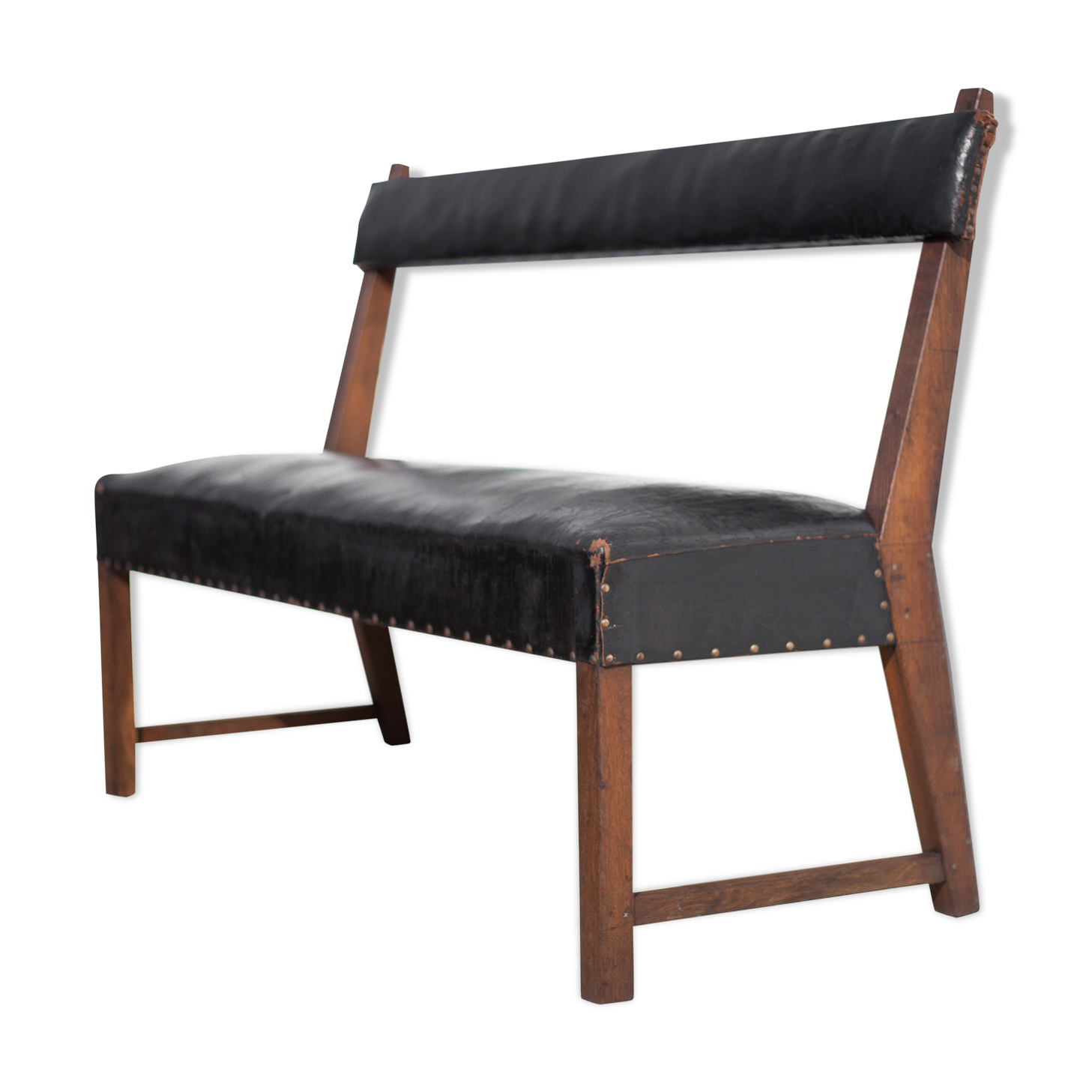 Antique wood bench and black imitation leather
