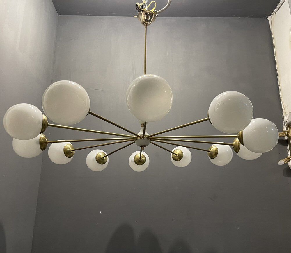 Opaline glass & brass sputnik chandelier with 12 lights, 1970s