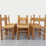 Suite of 6 vintage brutalist chairs in solid oak wood and straw from the 60s