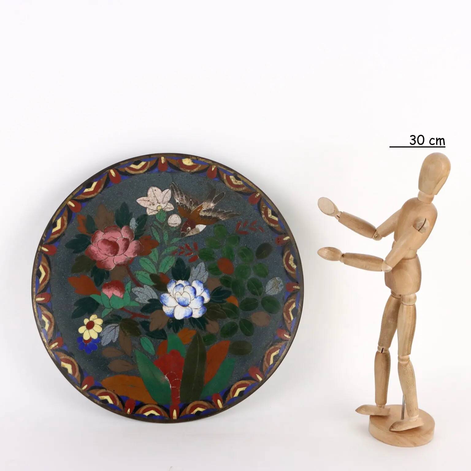 Antique copper plate with cloisonné decorations, Japan, Meiji period