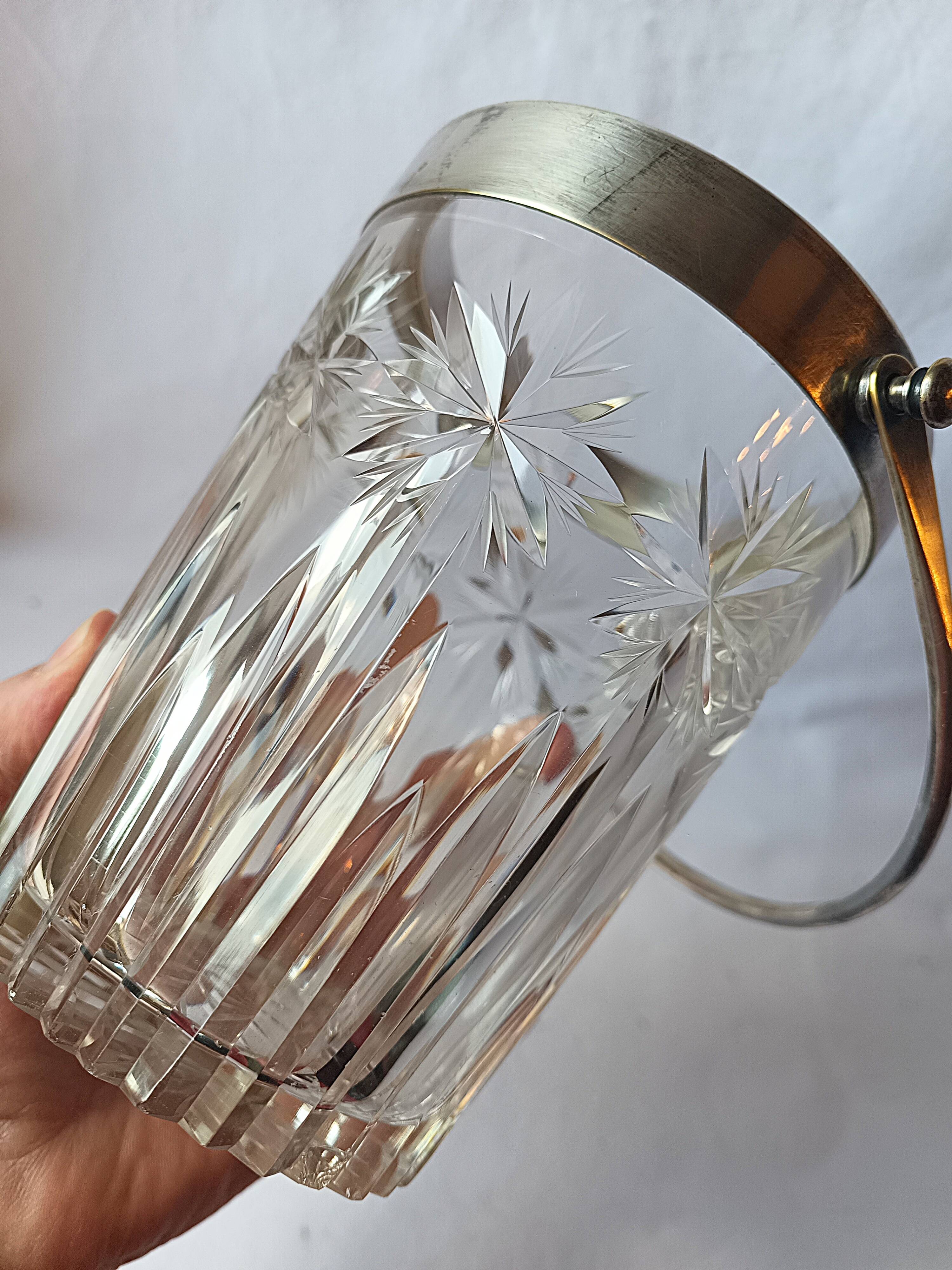 Cut crystal ice bucket, silver-plated metal, marked, cooler service.